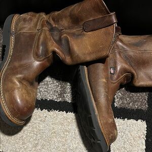 Men's Brown Leather Pull-On Work Boots with American Flag Tag. Heel needs repair